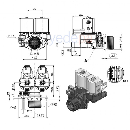 Çamaşır Makinası İkili Su Giriş Vana Ventili - 180° Plastik Bağlantılı Grup Soketli - TP Reflex