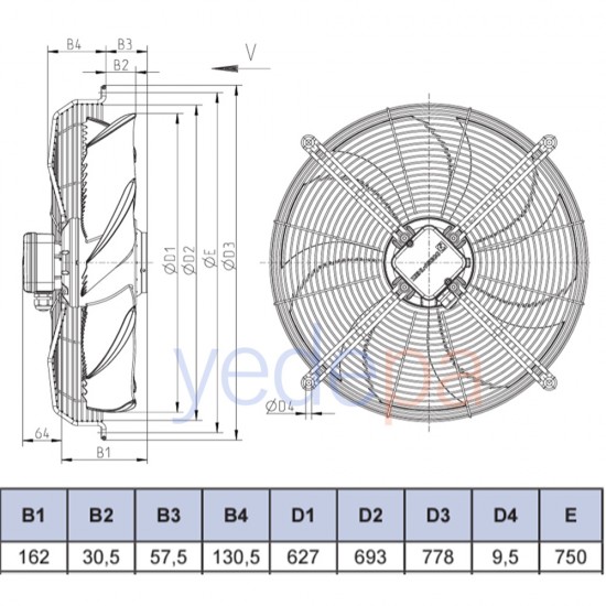 Ziehl-Abegg FN063-6EK.4I.V7P1 Aksiyal Fan - 230V, 630mm Fan Çapı, 11.000 m³/h Hava Debisi, 870 RPM, Emme Yönlü - Art. 154150