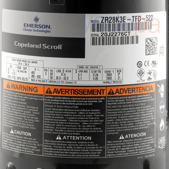 Copeland ZR28K3E-TFD-522 Scroll Compressor – 2.5 HP / 23,600 BTU, R22 / R407C