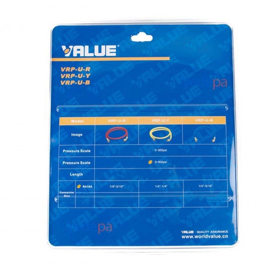 Value VRP-C 3'lü Gaz Şarj Hortumu Seti 120 cm – Check Valfli, Kırmızı/Mavi/Sarı, 1/4 inç SAE, 800 psi (R22)