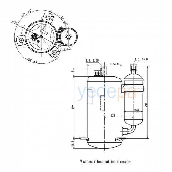 Panasonic როტორული კომპრესორი 2V47W225AUA - 28.507 BTU, R22, 3 HP