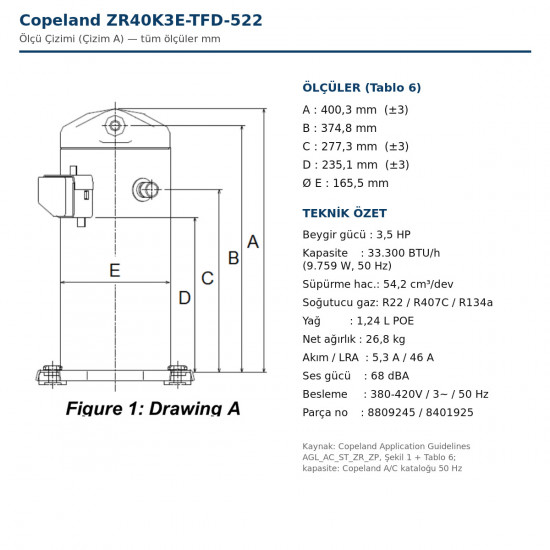 Copeland Scroll ZR40K3E-TFD-522 Hermetic Compressor - 3.5 HP / 33,300 BTU (3 Phase - 380-420V)
