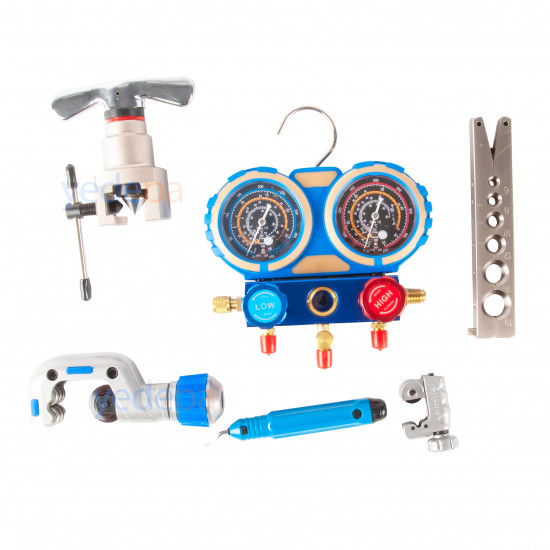 CT-8A Manifold Gauge, Flaring, Deburring and Tube Cutting HVAC Set - R22, R-134A, R-410A, R-404