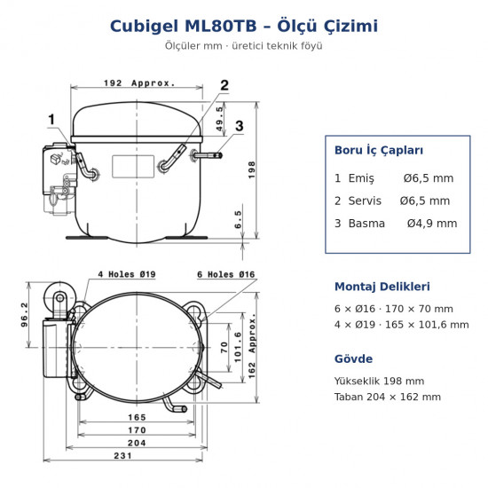 Cubigel ML80TB ჰერმეტული კომპრესორი – 3/8 HP, R404A, HBP 1.105 W