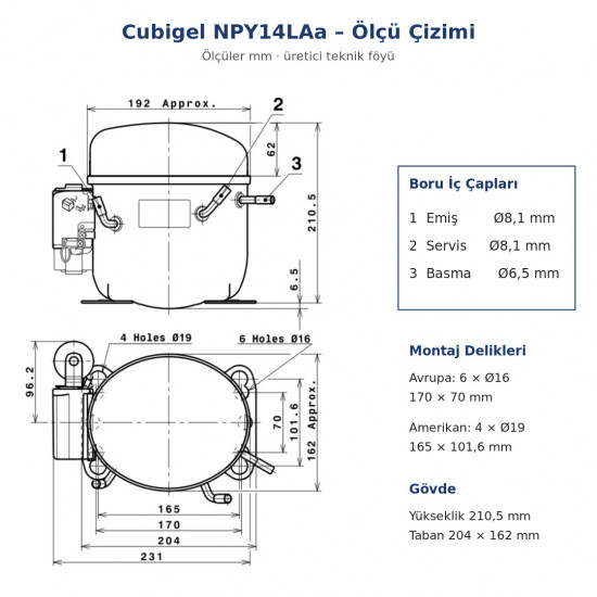 Cubigel NPY14LAa Hermetic Compressor – 1/2 HP, R290, LBP 651 W