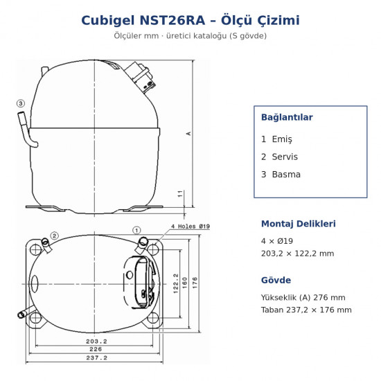 Cubigel NST26RA ჰერმეტული კომპრესორი – 1 HP, R290, HBP 3.498 W