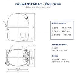 Cubigel NST34LA-T ჰერმეტული კომპრესორი – 1 HP, R290, LBP 1.539 W