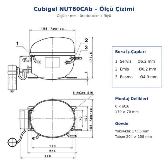 Cubigel NUT60CAb Hermetic Compressor – 1/4 HP, R290, LBP 304 W