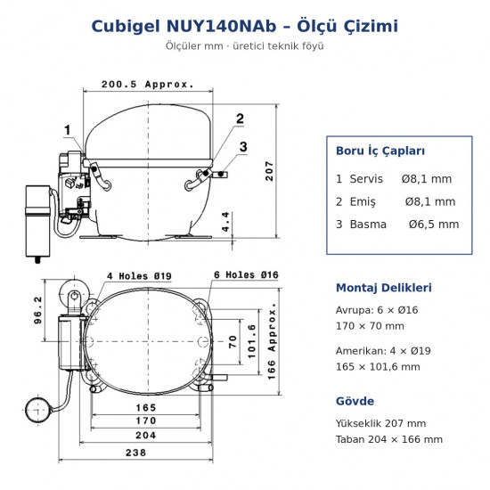 Cubigel NUY140NAb Hermetic Compressor – 1/2 HP, R290, LMBP 663 W