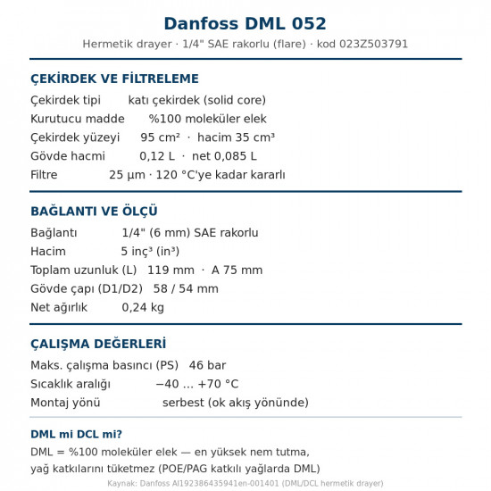 Danfoss 023Z503791 DML 052 Filter Drier – 1/4" SAE Flare, 5 in³, 46 bar
