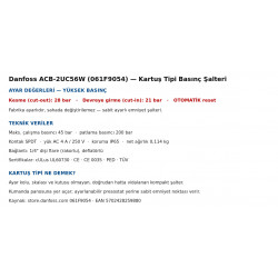 Danfoss ACB-2UC56W კარტრიჯული ტიპის პრესოსტატი (061F9054) – მაღალი წნევა 28/21 ბარი, ავტომატური რესეტი