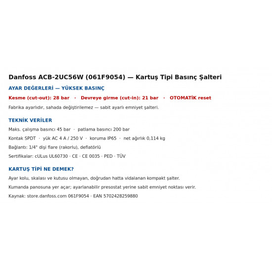 Danfoss ACB-2UC56W კარტრიჯული ტიპის პრესოსტატი (061F9054) – მაღალი წნევა 28/21 ბარი, ავტომატური რესეტი