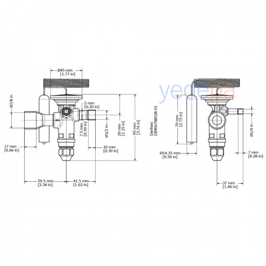 Danfoss TGE Thermostatic Expansion Valve - R407C, Externally Equalized, 1/2" x 7/8" Solder (ODF) - 13 kW - Part No: 067N4002