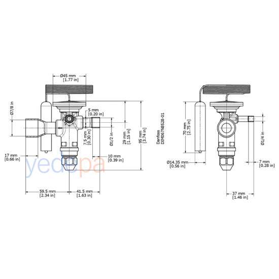 Danfoss TGE ტრვ (ტერმორეგულირებადი ვენტილი) - R407C, გარე გათანაბრებით, 1/2" x 7/8" ჩასარჩილი (ODF) - 19 kW - არტიკული: 067N4004