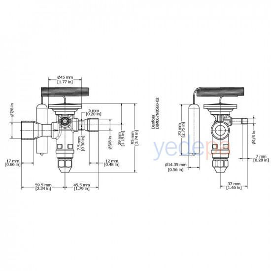 Danfoss TGE Thermostatic Expansion Valve - R407C, Externally Equalized, 5/8" x 7/8" Solder (ODF) - 36 kW - Part No: 067N4007