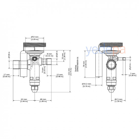 Danfoss TGE Thermostatic Expansion Valve - R407C, Externally Equalized, Balanced Port, 5/8" x 7/8" Solder, MOP 15°C - 42 kW - Part No: 067N4009