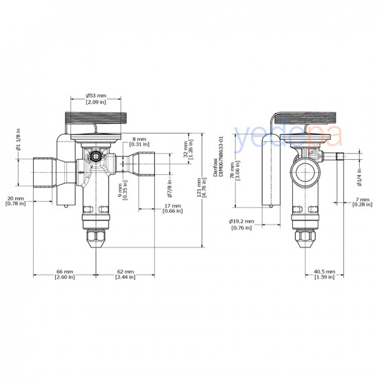 Danfoss TGE Thermostatic Expansion Valve - R407C, Externally Equalized, Balanced Port, 7/8" x 1 1/8" Solder, MOP 15°C - 62 kW - Part No: 067N4013