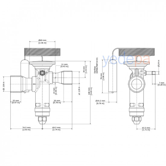 Danfoss TGE Thermostatic Expansion Valve - R407C, Externally Equalized, Balanced Port, 1 1/8" x 1 3/8" Solder, MOP 15°C - 121 kW - Part No: 067N4019