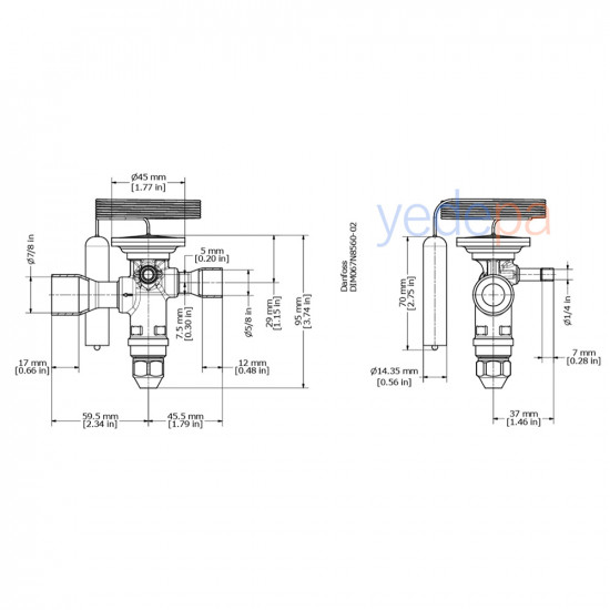 Danfoss TGE Thermostatic Expansion Valve - R134a / R513A, Externally Equalized, Balanced Port, 5/8" x 7/8" Solder, MOP 15°C - 17 kW - Part No: 067N5006