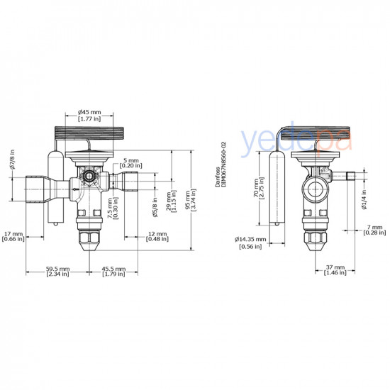 Danfoss TGE Thermostatic Expansion Valve - R134a / R513A, Externally Equalized, Balanced Port, 5/8" x 7/8" Solder - 24 kW - Part No: 067N5157