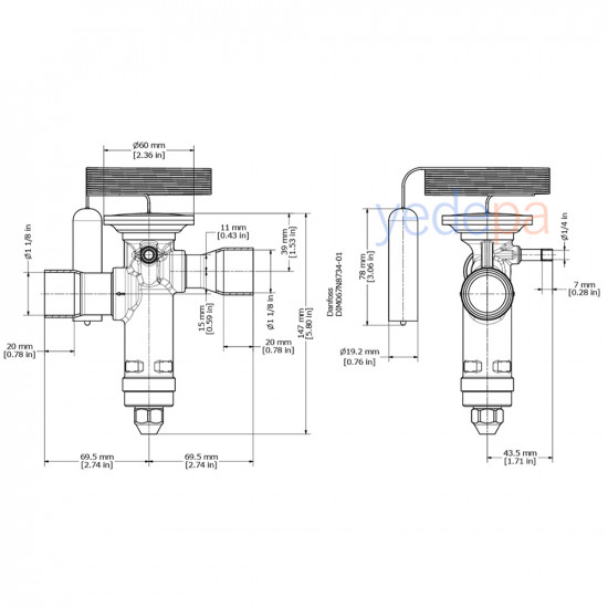 Danfoss TGE ტრვ (ტერმორეგულირებადი ვენტილი) - R134a / R513A, გარე გათანაბრებით, დაბალანსებული პორტით, 1 1/8" სარჩილავი - 70 kW - არტიკული: 067N5255