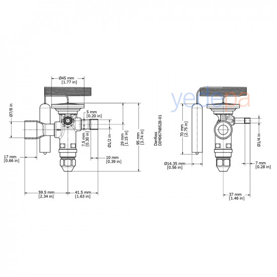 Danfoss TGE Thermostatic Expansion Valve - R404A / R507A, Externally Equalised, Balanced Port, 1/2" x 7/8" Solder - 14 kW - Part No: 067N6151