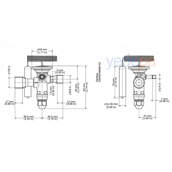 Danfoss TGE Thermostatic Expansion Valve - R410A, Externally Equalized, Balanced Port, 5/8" x 7/8" Solder - 45 kW - Part No: 067N9207