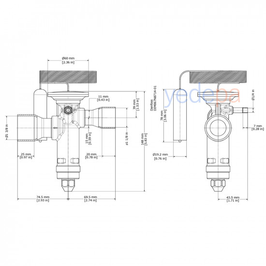 Danfoss TGE Thermostatic Expansion Valve - R410A, Externally Equalized, Balanced Port, 1 1/8" x 1 3/8" Solder - 125 kW - Part No: 067N9218