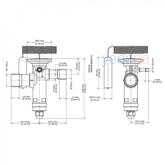Danfoss TGE Termostatik Genleşme Valfi - R410A, Dış Dengeli, Dengeli Port, 7/8" x 1 1/8" Lehimli - 110 kW - Parça No: 067N9285