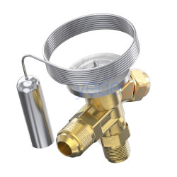 Danfoss 068Z3206 T2 ტრვ (ტერმორეგულირებადი ვენტილი) - R22/R407C, 3/8" შესასვლელი - 1/2" გამოსასვლელი, გაიკიანი მიერთებით