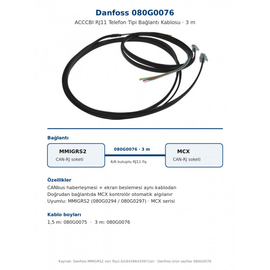 Danfoss 080G0076 ACCCBI RJ11 Telephone-Type Connection Cable – 3 m | For MMIGRS2 Display / MCX Controller