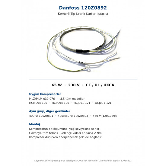 Danfoss 120Z0892 სარტყლისებრი ტიპის კარტერის ტენი – 65 W / 230 V | MLZ 030-076, LLZ-სთვის