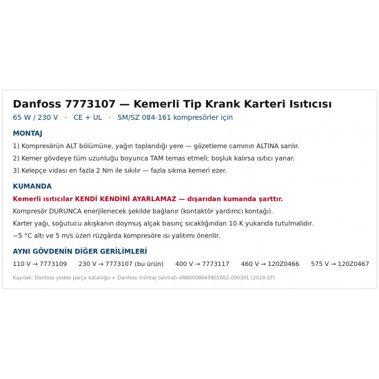 Danfoss 7773107 სარტყლისებრი კარტერის ტენი – 65 W / 230 V | SM/SZ 084-161-ისთვის