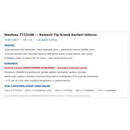 Danfoss 7773108 ქამრისებრი ტიპის კარტერის ტენი – 75 W / 230 V | SM/SZ 175-185, SH 180-485, DSH 240-600-სთვის