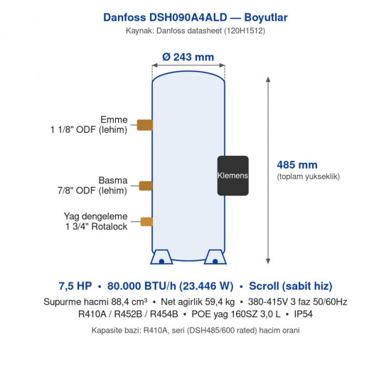 Danfoss DSH090A4ALD სპირალური კომპრესორი (120H1512) | 7,5 HP | 68.402 BTU/h გაგრილების სიმძლავრით | R410A / R452B / R454B | სამფაზა 380-415V