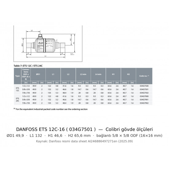 Danfoss ETS 12C-16 Colibri ელექტრონული ტრვ (034G7501) | ~98 kW R410A | 5/8" ODF | Bi-Flow