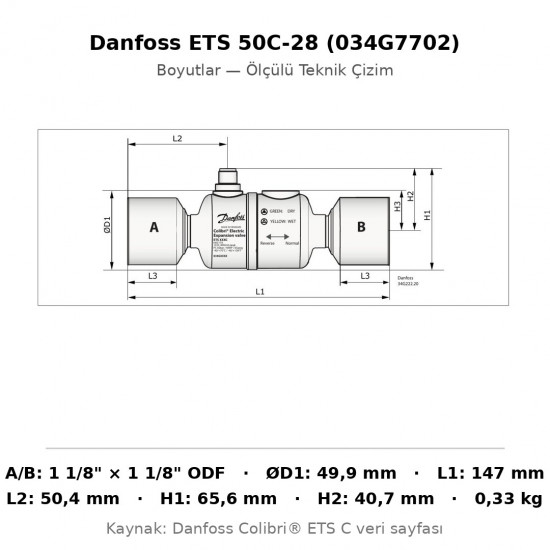 Danfoss ETS 50C-28 ელექტრონული ტრვ (034G7702) | 28 mm (1 1/8") ODF | ~200 kW R404A | R410A/R404A/R134a