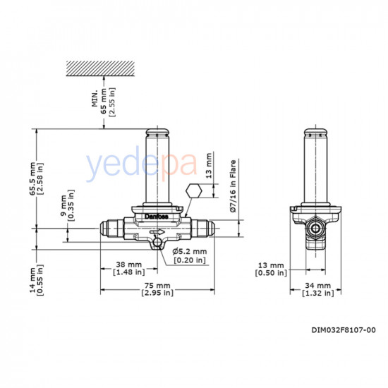 Danfoss EVR 3 სოლენოიდური კლაპანი - NC, გაიკით მიერთება, 1/4 in - თითბრის კორპუსი - არტიკული: 032F8107