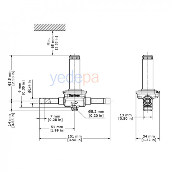 Danfoss EVR 3 Solenoid Valve - NC, Solder ODF, 1/4 in - Brass Body - Part No: 032F1206