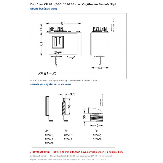 Danfoss KP 61 თერმოსტატი (060L110266) – −30 / +13 °C, SPDT, ავტომატური რესეტი, დისტანციური დატჩიკი 2 m კაპილარით