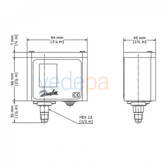 Danfoss KP6W 060-519066 Basınç Şalteri - SPDT, 1/4 inç Flare Bağlantılı, 8-42 Bar Ayarlanabilir Basınç Aralığı