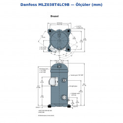 Danfoss MLZ038T4LC9B სპირალური კომპრესორი (121L8442) | 5 HP | 14.540 W (49.640 BTU/h) | R455A / R454C A2L + R404A | სამფაზა 380-415V