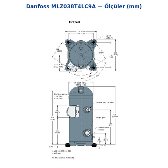 Danfoss MLZ038T4LC9A Scroll Compressor (121L8645) | 5 HP | 14,540 W (49,640 BTU/h) Cooling Capacity | R404A / R448A / R449A / R452A | 3 Phase 380-415V