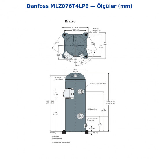 Danfoss MLZ076T4LP9 Scroll Compressor (121L8654) | 10 HP | 29,177 W (99,610 BTU/h) Cooling Capacity | R404A / R448A / R449A / R452A | 3 Phase 380-415V