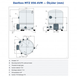 Danfoss MTZ 056-4VM ჰერმეტული პორშნევოი კომპრესორი (MTZ56HL4BVE) - 96,13 cm³, 5 HP, 50.744 BTU/h, 2 ცილინდრი, R404A/R134a/R452A, 400V სამფაზა 50Hz