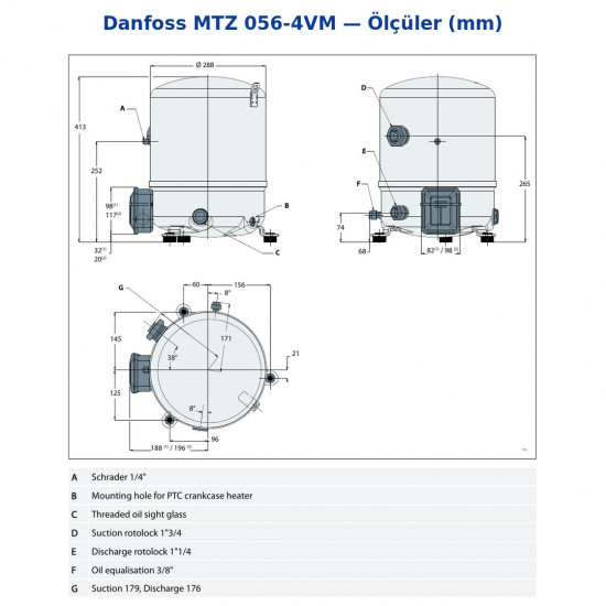 Danfoss MTZ 056-4VM Hermetic Reciprocating Compressor (MTZ56HL4BVE) - 96.13 cm³, 5 HP, 50,744 BTU/h, 2 Cylinders, R404A/R134a/R452A, 400V 3 Phase 50Hz