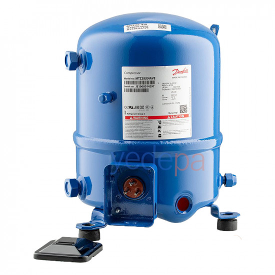 Danfoss MTZ28JE4 ჰერმეტული პორშნევოი კომპრესორი (MTZ28-4VI) - 48.06 cm³ აღწერილი მოცულობა, 2 1/3 HP, 7.164 W, 380V, R134a/R404A/R407C