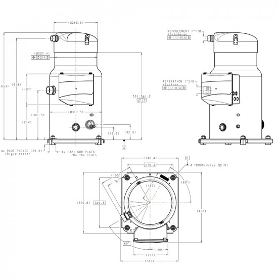 Danfoss SH 240 Scroll Compressor - 20 HP, 59,742 Watt (204,000 BTU), R410A Refrigerant, Industrial and Commercial Refrigeration Systems