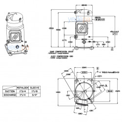 Danfoss SZ125-4RI (SZ125S4RC) Scroll Compressor - 166.6 cm³ Displacement, 10 2/5 HP, 28,565 W (97,519 BTU), 380V, R407C
