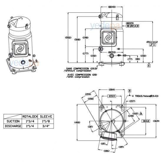 Danfoss SZ125-4RI (SZ125S4RC) Scroll Compressor - 166.6 cm³ Displacement, 10 2/5 HP, 28,565 W (97,519 BTU), 380V, R407C